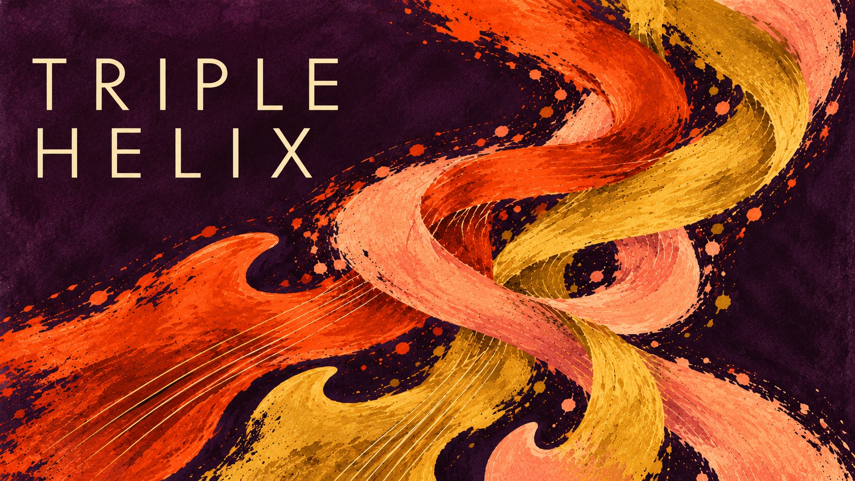 Triple Helix: three flowing guitar forms in coral, orange and gold on deep plum